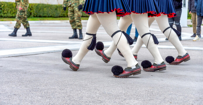 Greek Evzone soldiers in traditional costumes