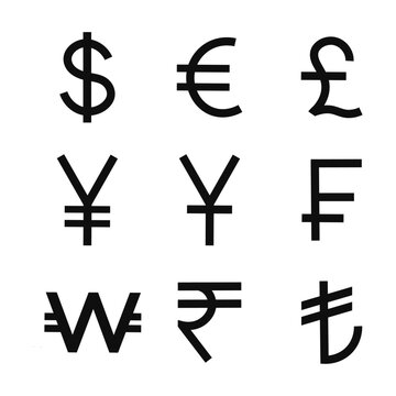 Set of the most popular currency symbol, dollar yuan euro pound yen rupee franc lira. Vector illustration