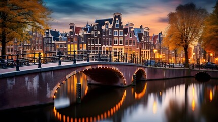 Panoramic view of Amsterdam canals at dusk.