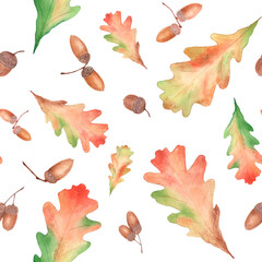 Watercolor seamless pattern with acorns and oak leaves. Illustration for printing on textile products and packaging.