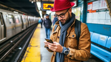 Young man standing on underground train station platform, using mobile phone to check for directions