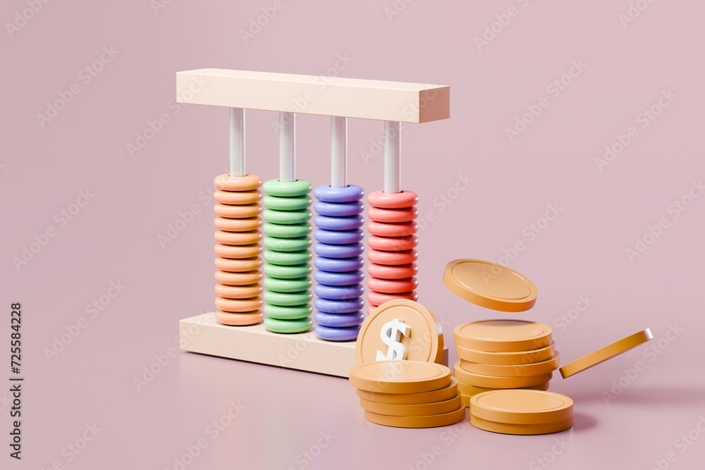 Poster 3d abacus with coin icon minimal cute smooth isolated on pink pastel background, arithmetic game lea