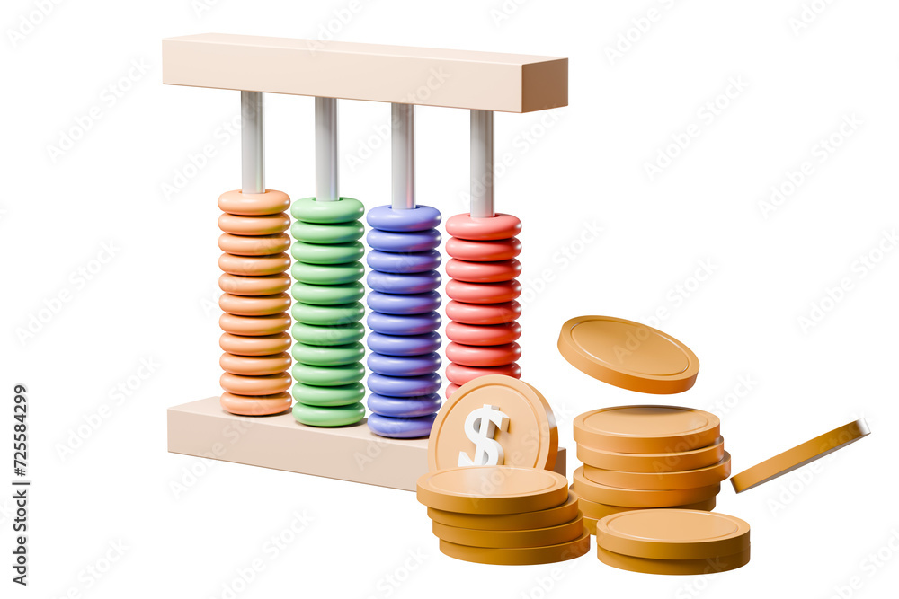 Poster 3d abacus with coin icon minimal cute smooth isolated on pink pastel background, arithmetic game lea