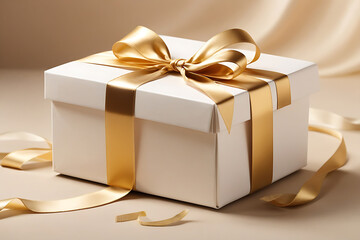 Obraz na płótnie Canvas Beautiful golden gift box on light table against blurred festive lights