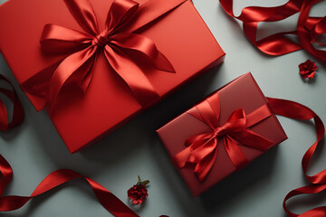 beautiful red square gift box with red bow on side on red background, top view