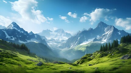 Panoramic view of alpine meadow and mountains under blue sky
