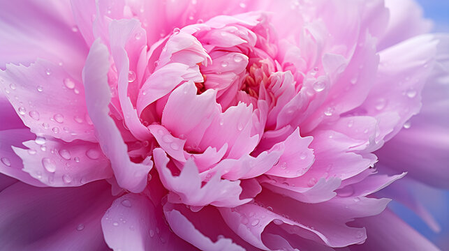 Close-up of a pink peony with dew drops, ideal for Mother's Day, weddings or spa themes.