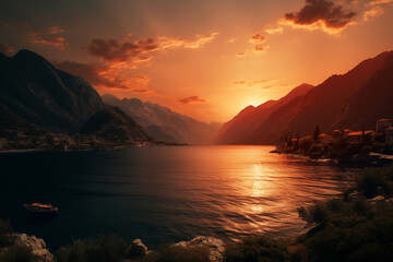 Golden Hour Seascape with mountains and calm sea