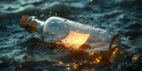 Mysterious message in a bottle adrift in moonlit waters. evocative, conceptual photographic art for storytelling. AI