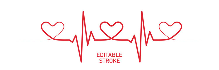 Editable stroke heart diagram line art with hearts, red EKG, cardiogram, heartbeat line vector design to use in healthcare, healthy lifestyle, medical laboratory, cardiology project. 