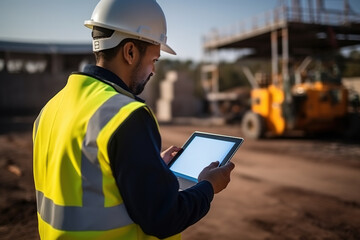 Male architect engineer with tablet at construction site.