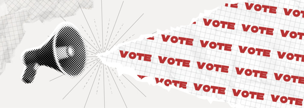 Trendy Halftone Collage Megaphone with torn paper edge and flow of word vote. Social media announcing and promotions. Online news. Contemporary art. Campaign illustration. American president elections
