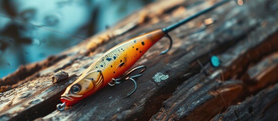 Using a spinning rod and reel, lures are spun on a wooden texture. - obrazy, fototapety, plakaty
