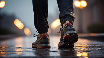 Runner feet running on road closeup on shoe. Man fitness jog workout. Wellness concept