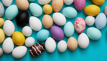 Easter eggs isolated on background top view. Colourful easter eggs scattered across light blue background in celebration of Easter
