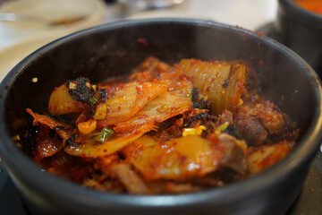 Korean style Pork Stew is a local Korean food made with pork and kimchi stewed in a spicy and salty...