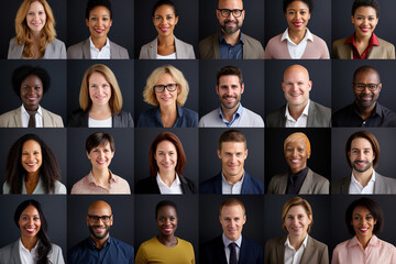 Collage of portraits of an ethnically diverse and mixed age group of business professionals smiling to camera.
