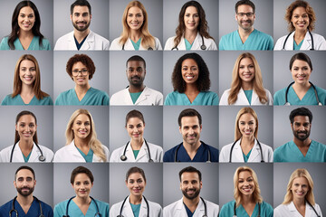 Collage portraits of multiethnic doctors and medical workers wearing uniform on grey backgrounds.