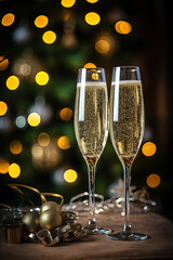Glasses of champagne. New Year. Christmas. Generative AI