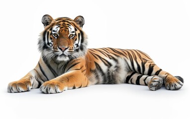 Obraz premium A majestic tiger, marked with bold black stripes, stands alert and poised isolated on white background.