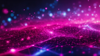 Abstract fuchsia technology background with a cyber network grid, connected particles, and artificial neurons, creating a fusion of futuristic connectivity and vibrant energy.