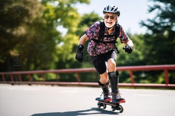 Active senior woman riding on roller skates on a sunny day. - obrazy, fototapety, plakaty