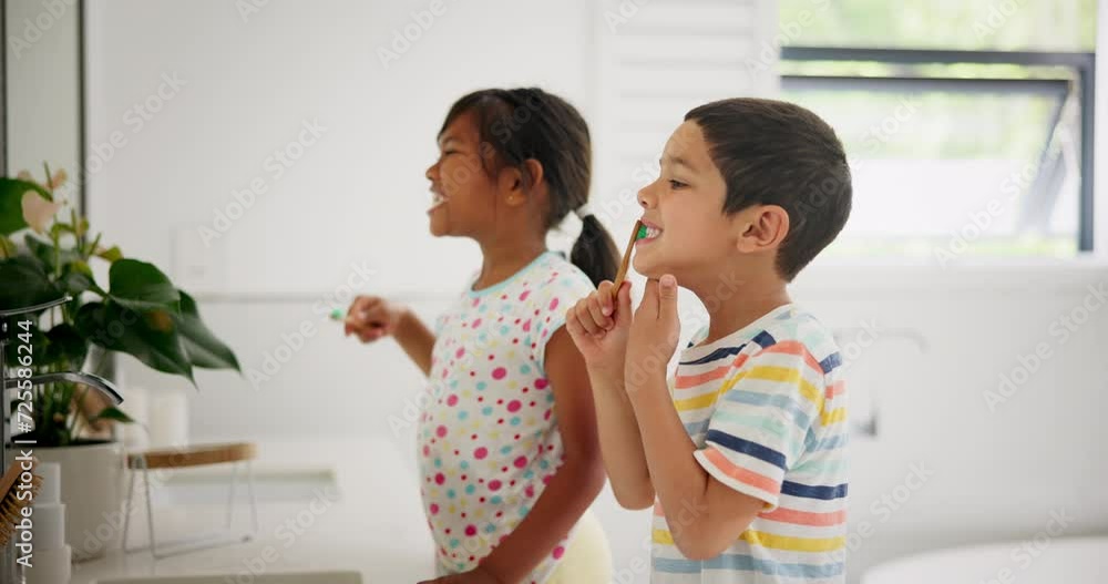 Canvas Prints Siblings, learning or children in bathroom brushing teeth together for development in morning at family home. Boy, girl or kids cleaning mouth with toothbrush for dental or oral health for wellness