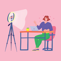 Cartoon Color Character Girl and Live Streaming Broadcast Social Media Concept Flat Design Style. Vector illustration