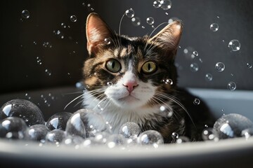 Cat with soap bubbles. Feline pet bath time with soapy balls. Generate ai