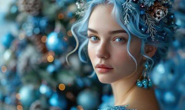young woman with light blue hair decorated with winter themed ornaments, pine cones and tree branches with Christmas tree in the background. 