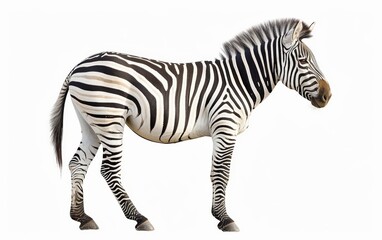 Fototapeta premium A zebra with striking black and white stripes stands gracefully, isolated on a white background.