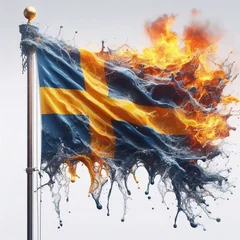 Foto op Aluminium Sweden flag what Splash of water and flame. AI generated illustration © vector_master