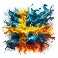 Foto op Aluminium Sweden flag what Splash of water and flame. AI generated illustration © vector_master