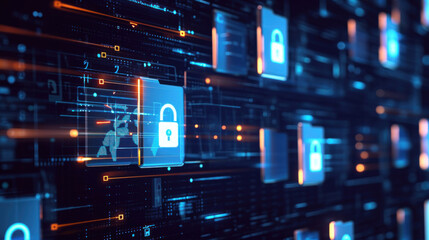 Locked Data Files, screen displaying a series of file icons lock symbol. Digital interface, secure and encrypted data, ethical responsibility of safeguarding personal information.