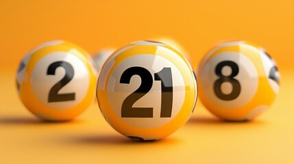 Close up of yellow lottery balls on pastel background with focus on lucky number 21