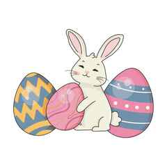 Cute rabbit with easter eggs on white background. Congratulations and gifts for Easter