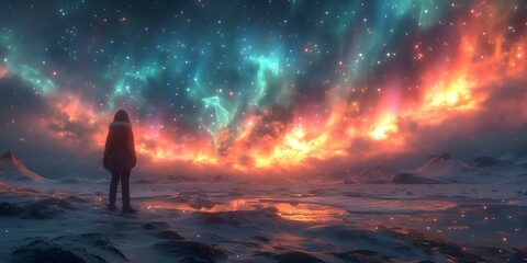 Fototapeta premium Lone observer gazes at mesmerizing aurora borealis in a vast icy landscape, surreal and tranquil scene. AI