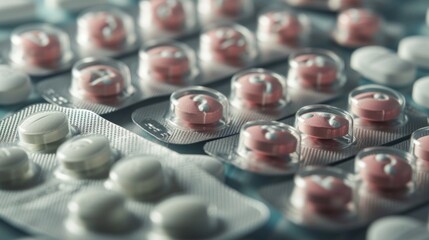 Question Mark Imprinted Tablets in Blister Pack. Close-up image of a unique blister pack of tablets, each imprinted with question mark, suggesting uncertainty in medication or diagnosis.