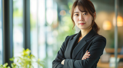 Young Confident Japanese Businesswoman Exuding Leadership and Professionalism in a Bright, Modern Office Environment - A Symbol of Diversity and Strength in Corporate World
