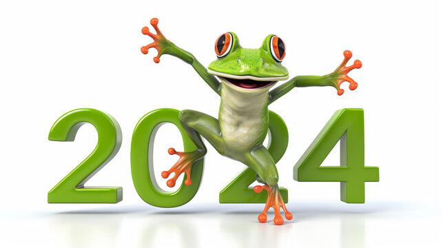 Leap day, one extra day, Leap year 29 February 2024 background. Green Frog and year 2024 text on green background.