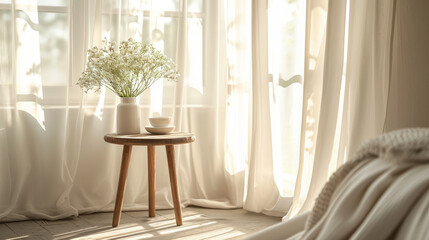 Title: Bedroom with side table side view from the table " ai generated "