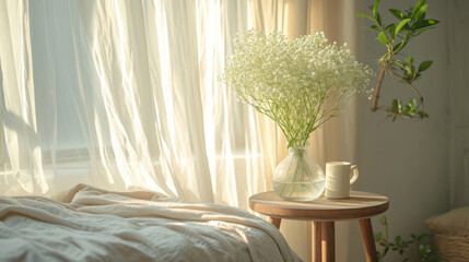 Title: Bedroom with side table side view from the table " ai generated "