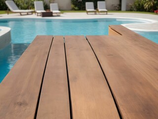 Obraz premium An empty wooden table for displaying goods on the background of the pool
