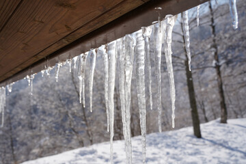 Icicles hanging under the eaves in midwinter