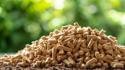 Obraz premium Pile of biomass wood pellets and woodpile on blurred background with copy space for text