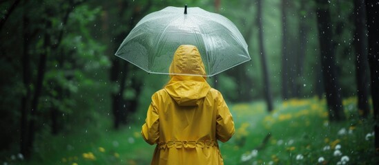 Rainy weather shows a girl dressed in yellow raincoat, standing in a green forest, with a closeup of her holding a transparent umbrella.