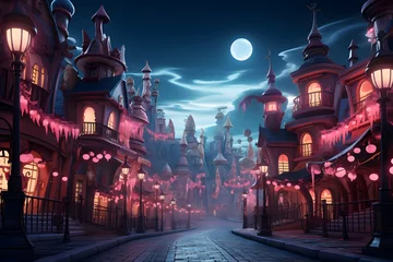 Rugzak Illustration of a fantasy town at night with a full moon. © Michelle
