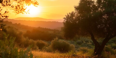 Golden sunset over olive grove, tranquil nature scene, warm evening light, perfect for relaxation and wallpapers. AI