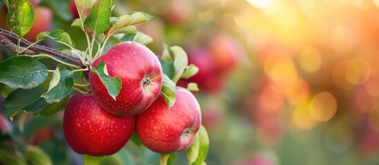 Organic red apples growing on a tree.