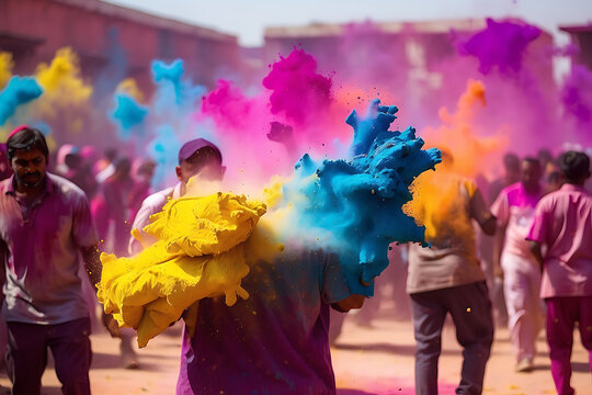 Indian people throwing colored Holi powder in the holi festival  